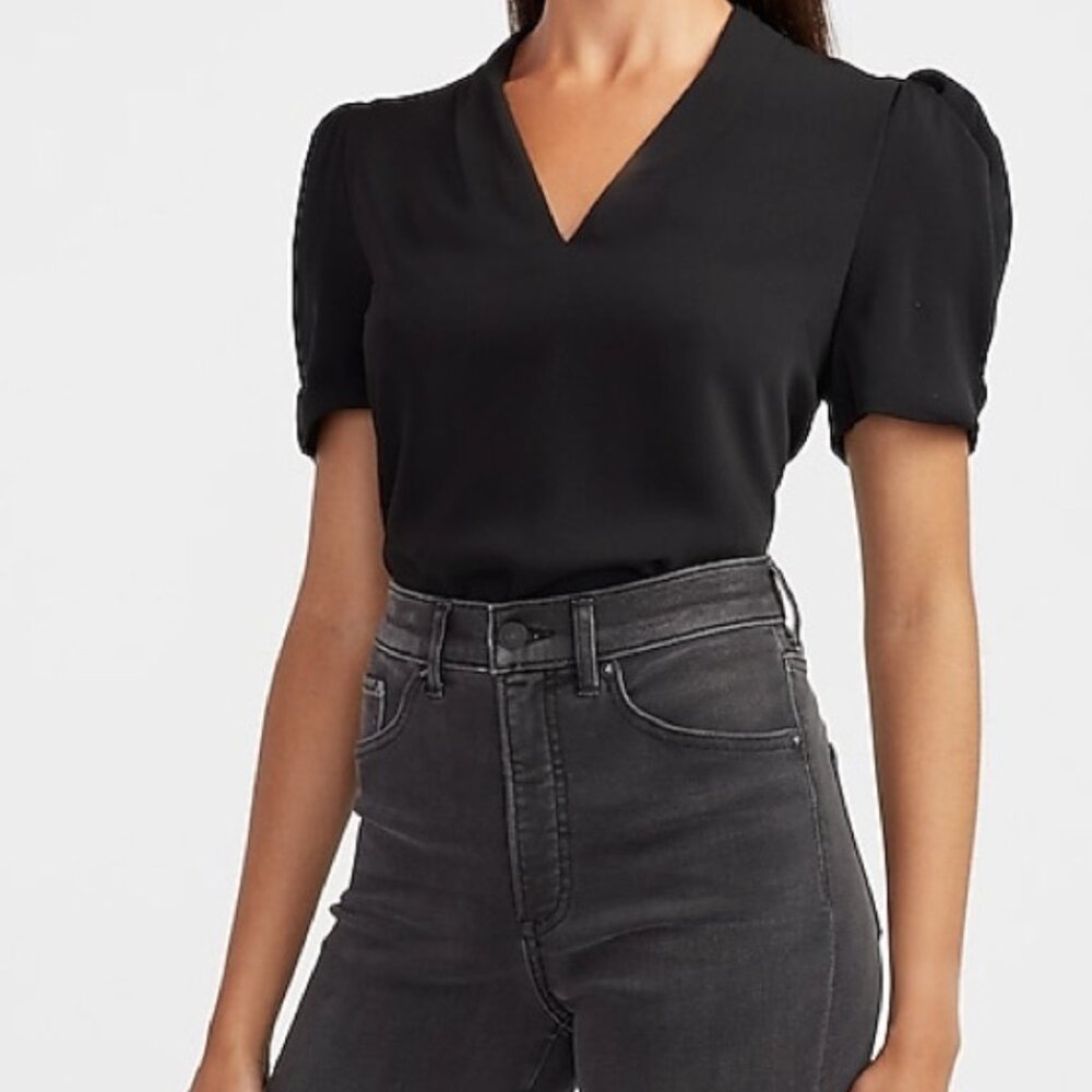 Express Puff Sleeve V-Neck Black Top S